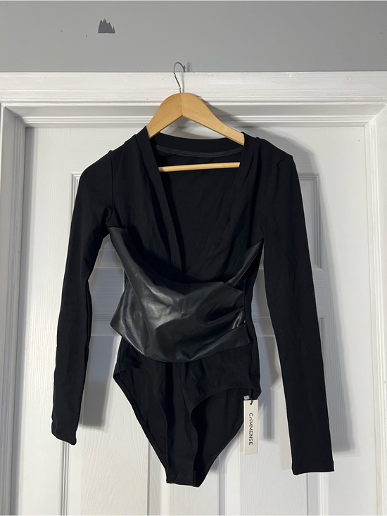 Commense Tops - Commense Black Long-Sleeve Bodysuit with Faux Leather Waist Corset